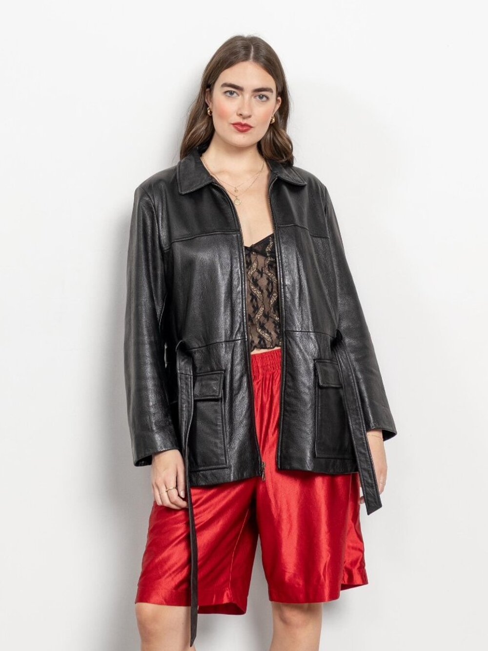 BLACK LEATHER Vintage Jacket Trench Belted Woman 90's / Large